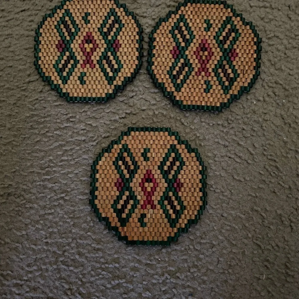 Vintage Set Of 3 Wooden Beaded Geometric Patterned Trivets For Hot Cookware 6in